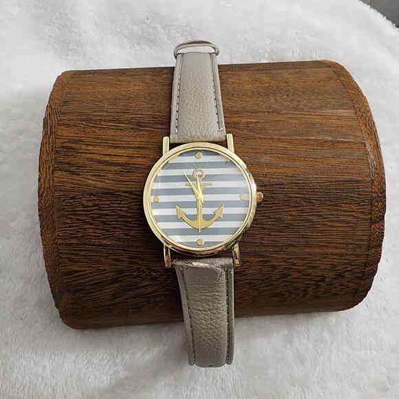 Gold/Grey Striped Anchor Leather Watch - Picture 7 of 9